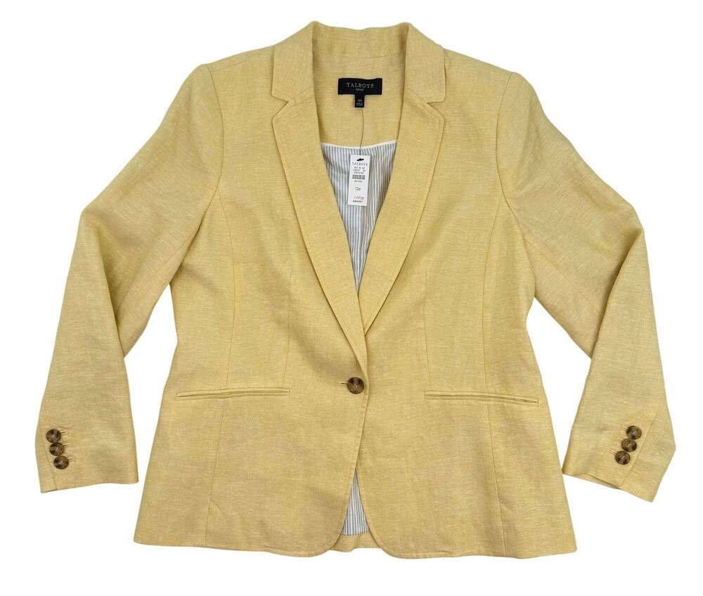 Talbots Petite Linen Blazer Yellow One Button Jacket Petite 12 Coastal Summer